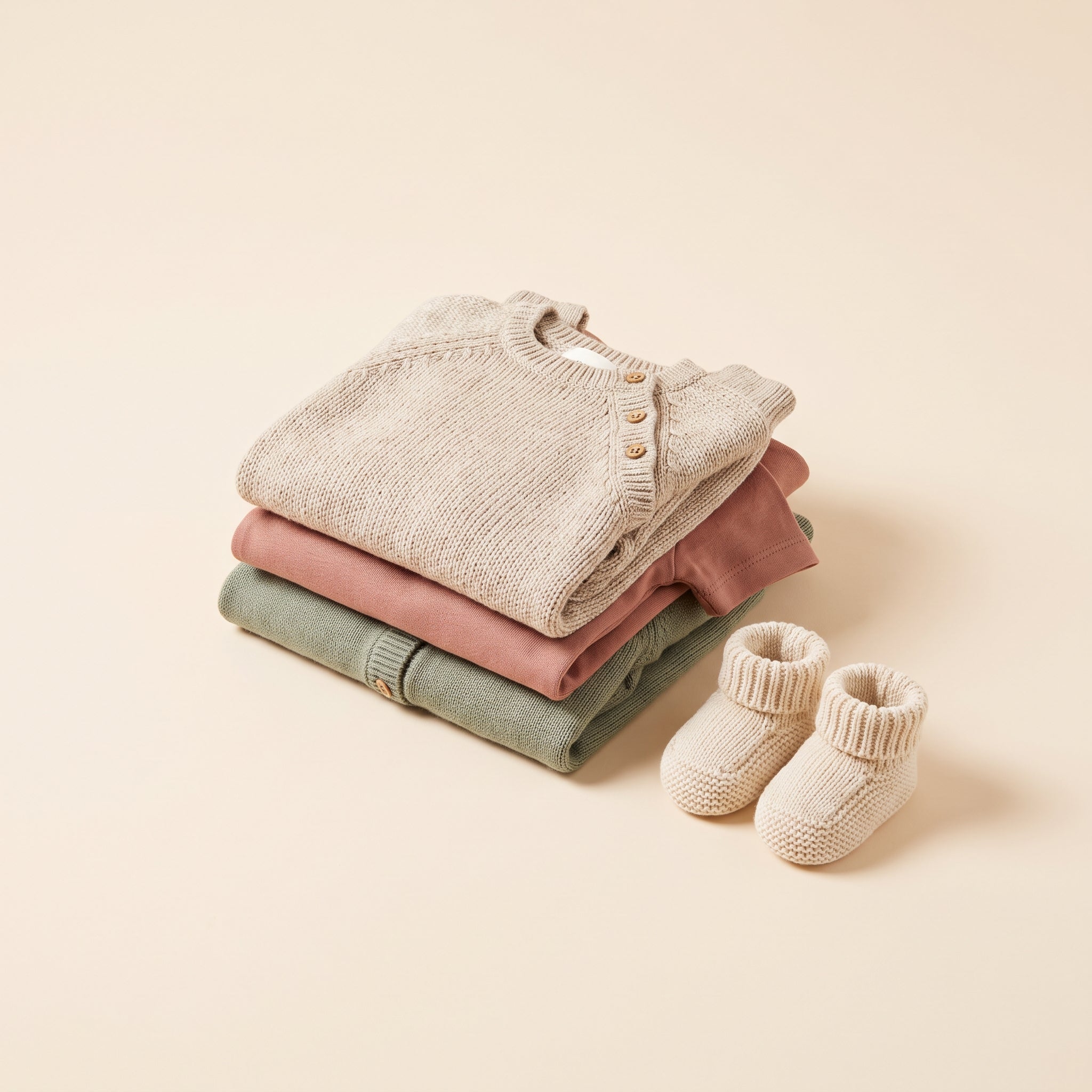 Baby clothing stack in muted tones