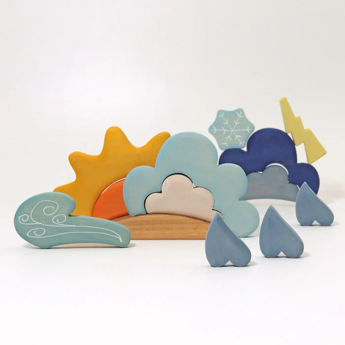 Grimm's Building Set Weather — wooden sun, clouds, raindrops and lightning, kraft box