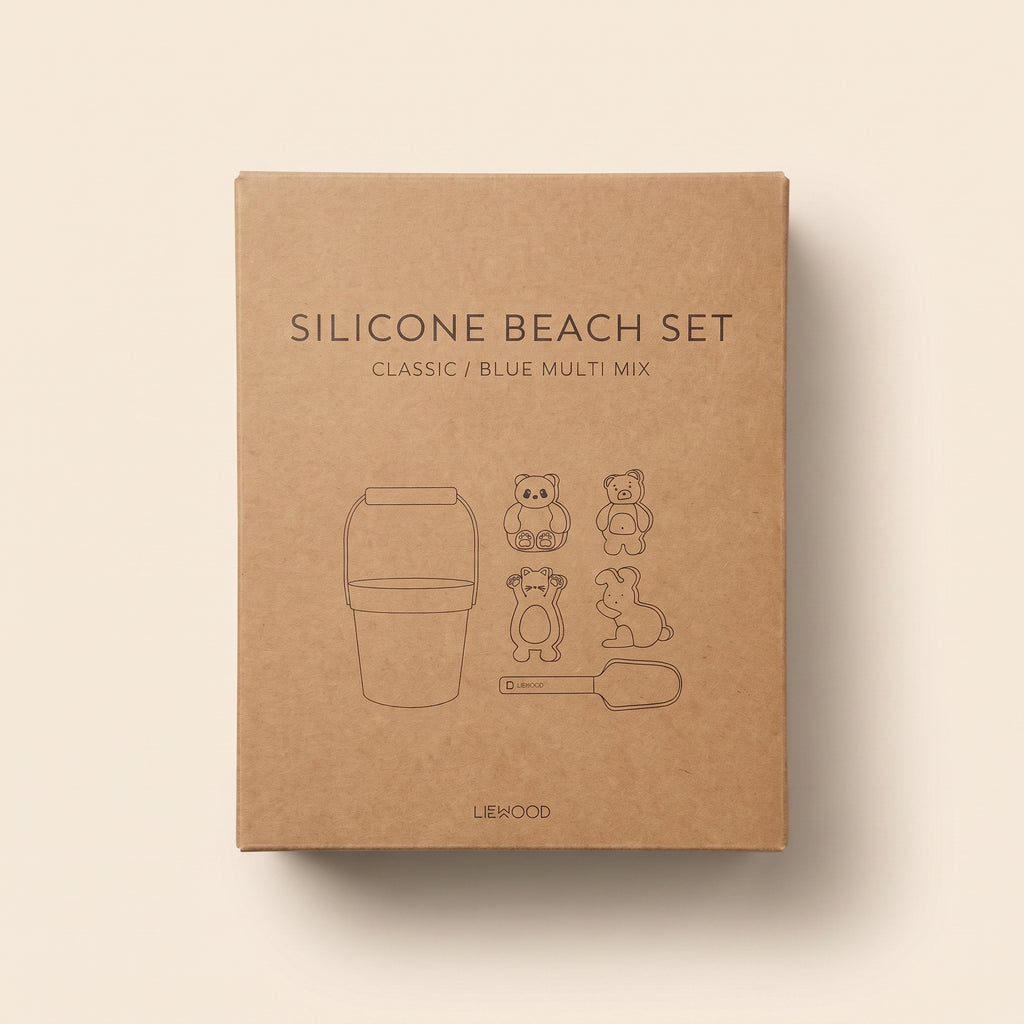 Liewood Beach Set — dusty blue bucket, spade and four animal sand molds