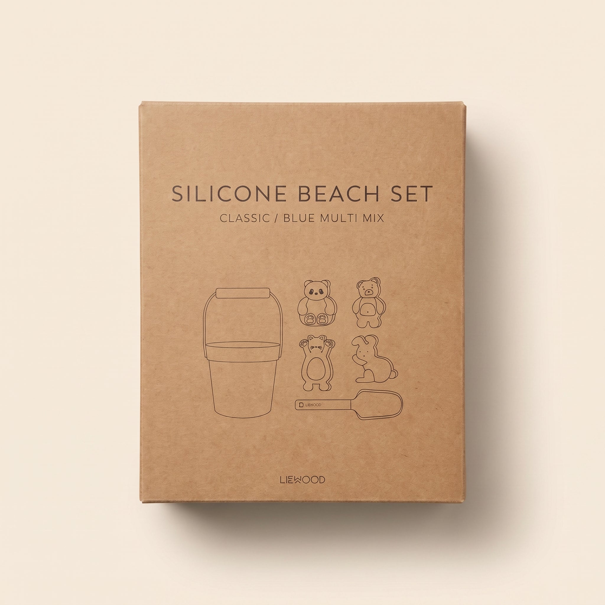 Liewood Beach Set — dusty blue bucket, spade and four animal sand molds