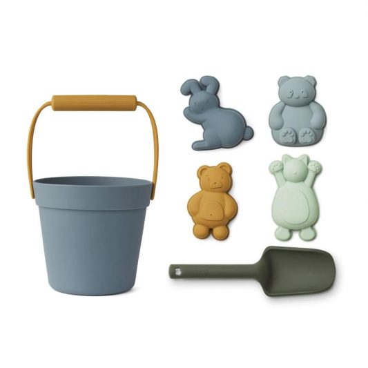 Liewood Beach Set — dusty blue bucket, spade and four animal sand molds