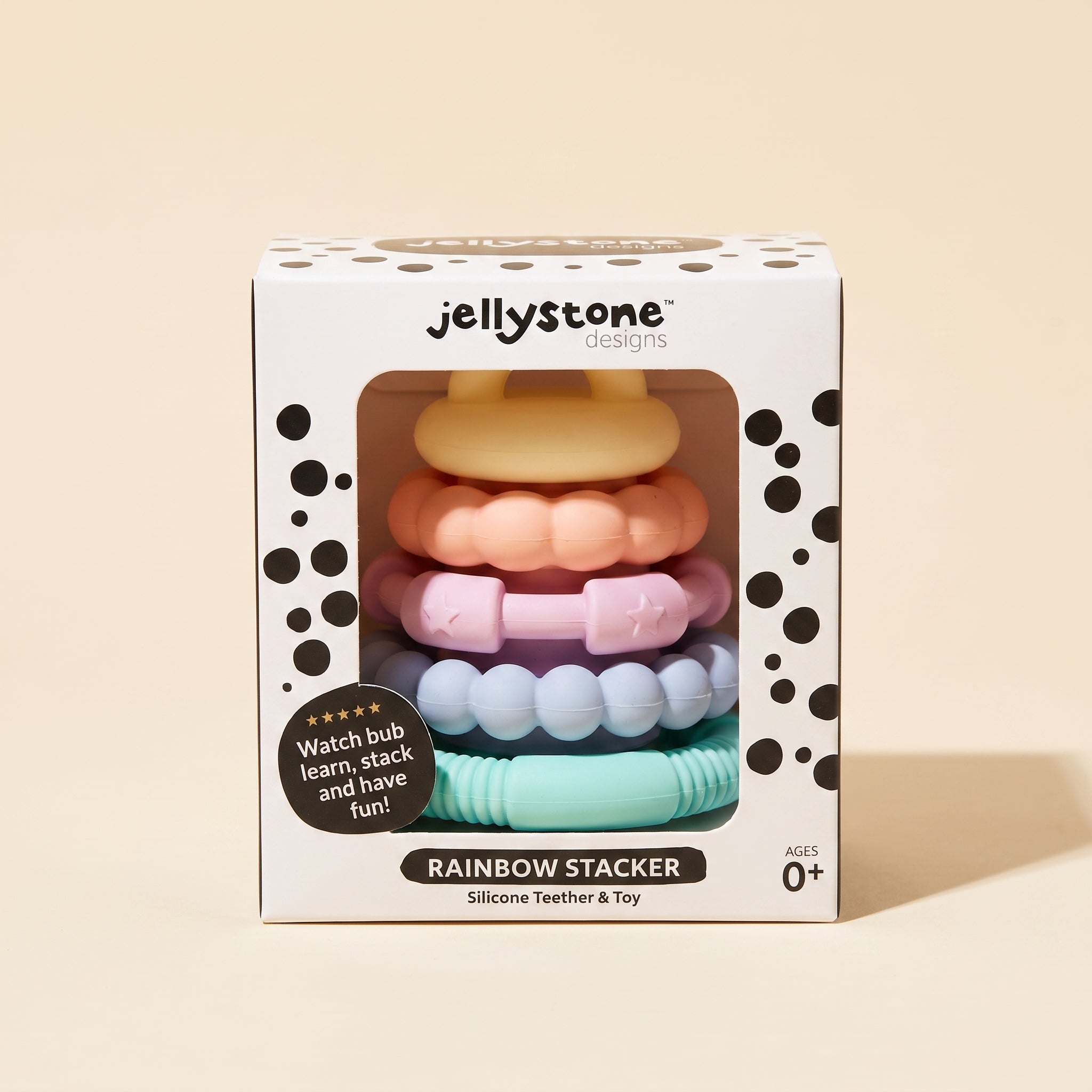 Jellystone Rainbow Stacker silicone teether toy in retail box — [rainbow/pastel] rings