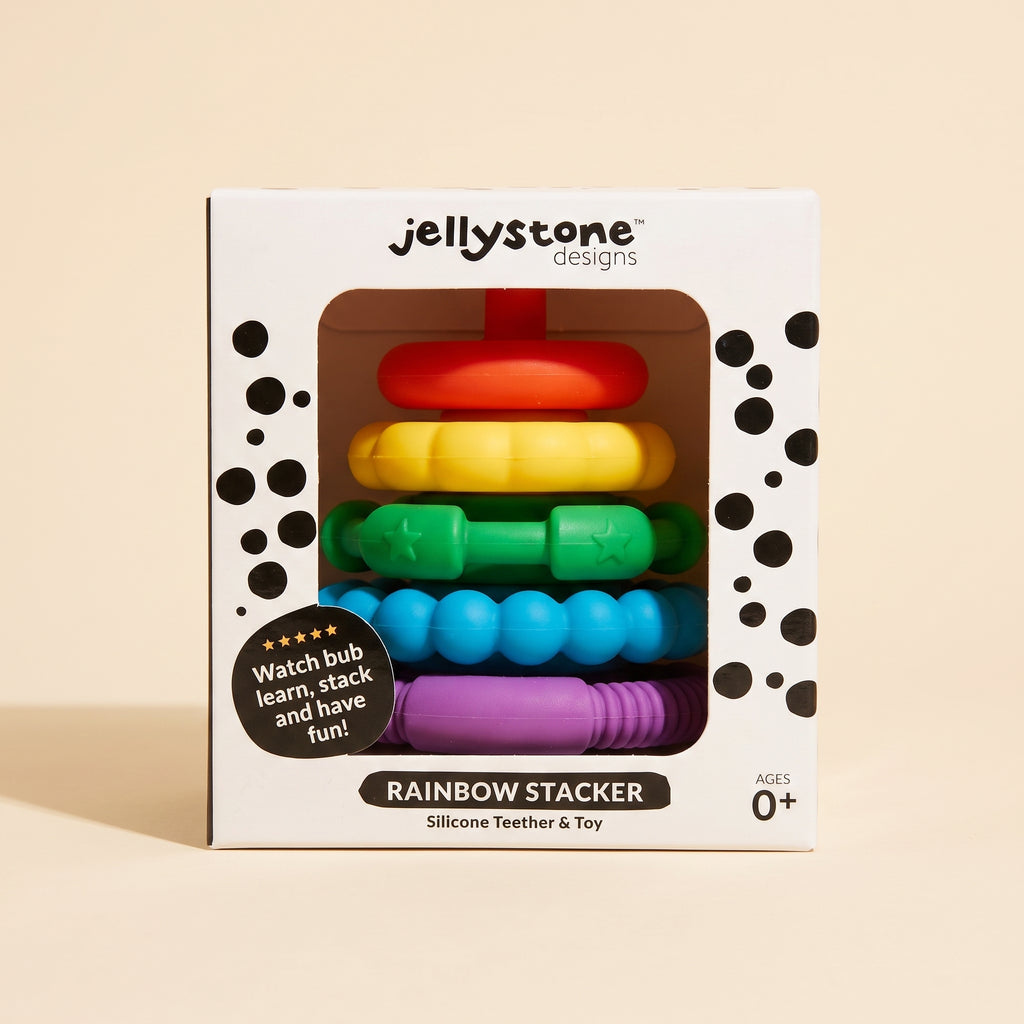 Jellystone Rainbow Stacker silicone teether toy in retail box — [rainbow/pastel] rings