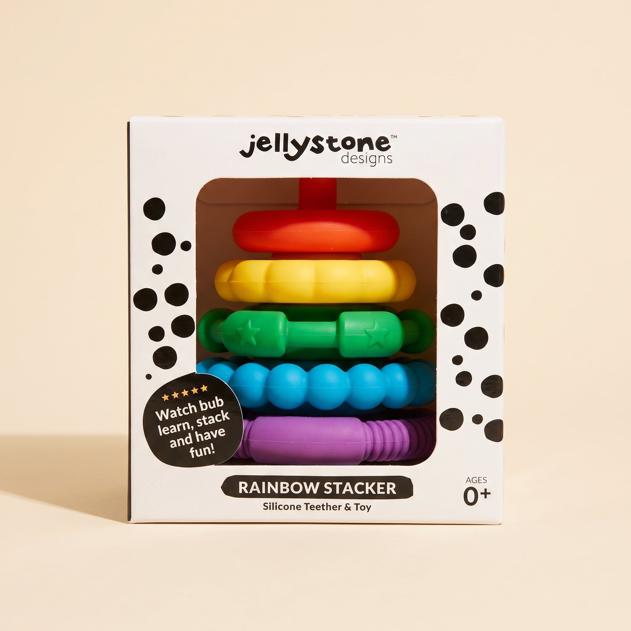 Jellystone Rainbow Stacker silicone teether toy in retail box — [rainbow/pastel] rings