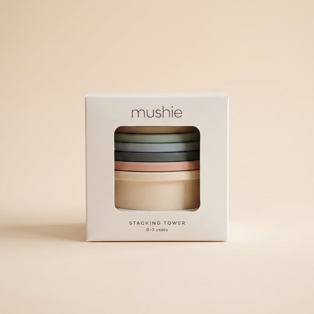 Mushie Stacking Tower pastel cups in white window box
