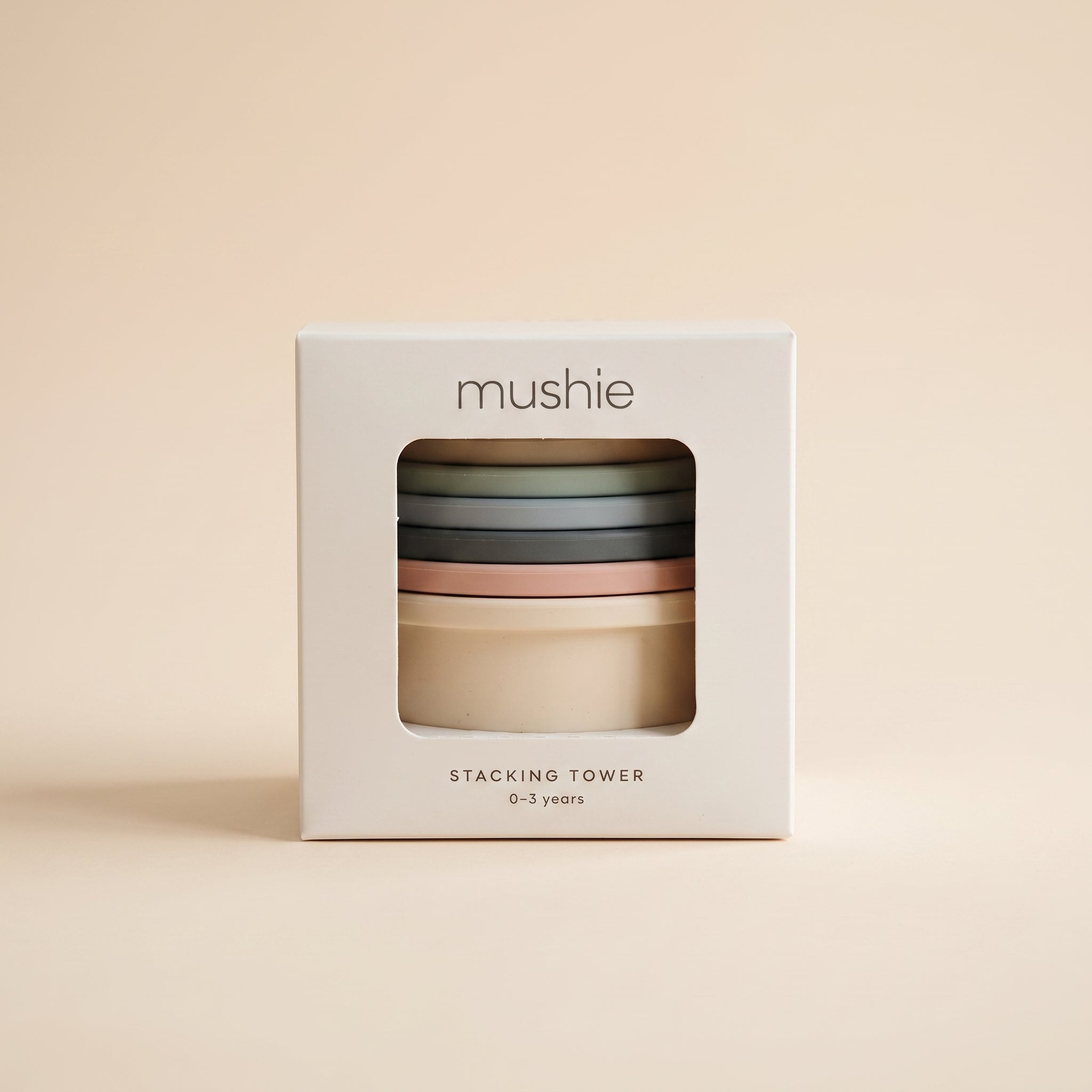 Mushie Stacking Tower pastel cups in white window box