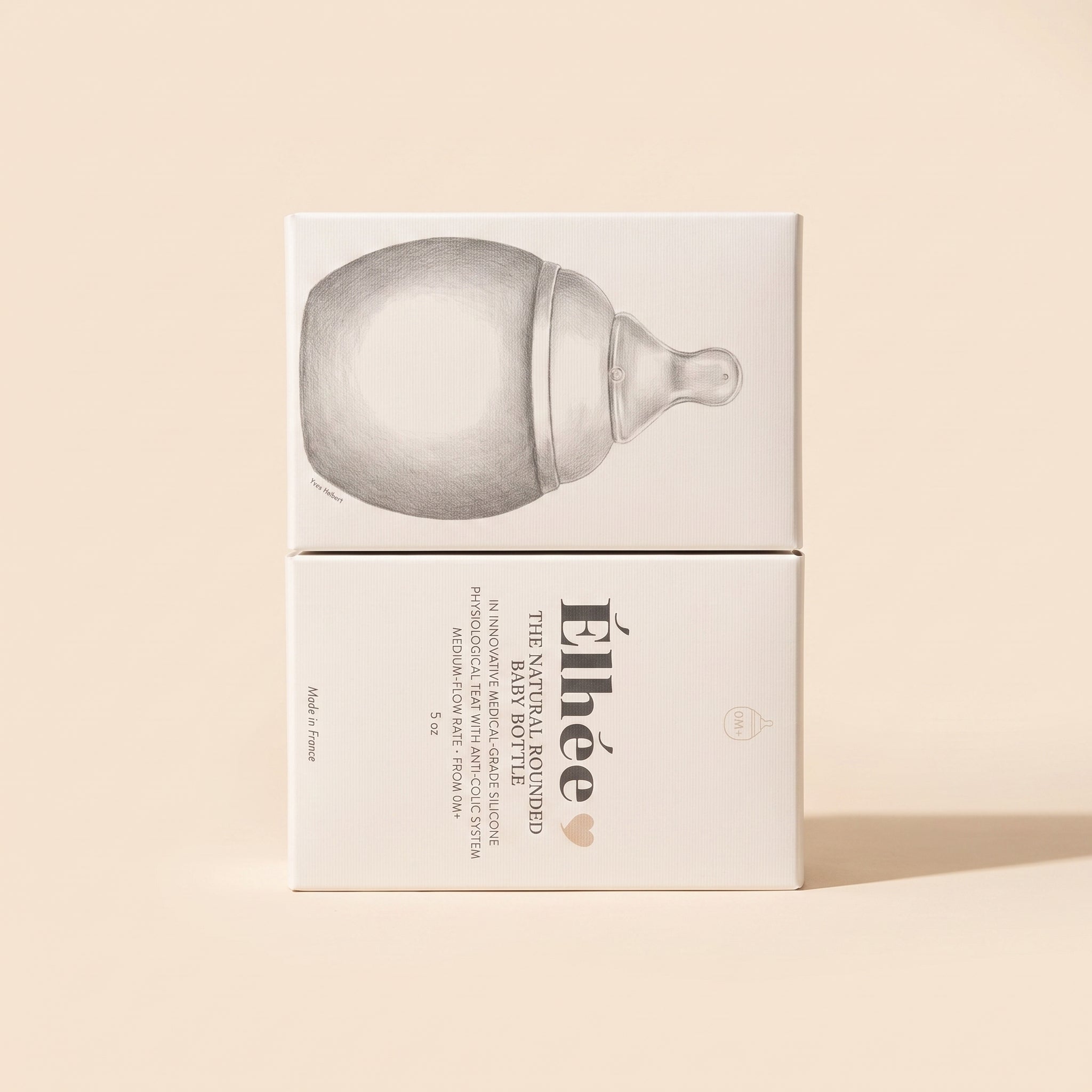 Élhée natural rounded baby bottle 5oz — white boxes with pencil illustration