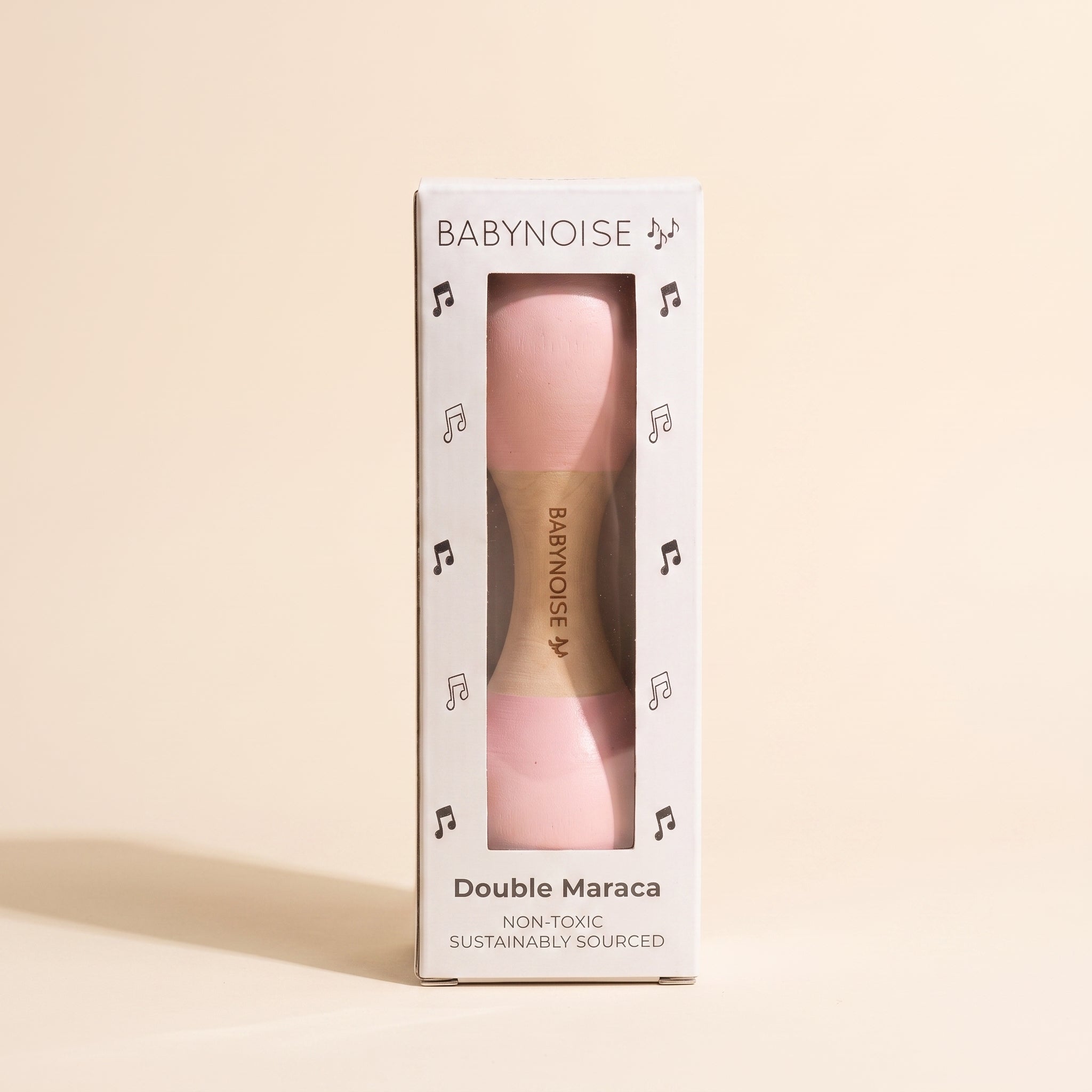 Babynoise Double Maraca in [pink/natural] — wooden baby instrument in window box