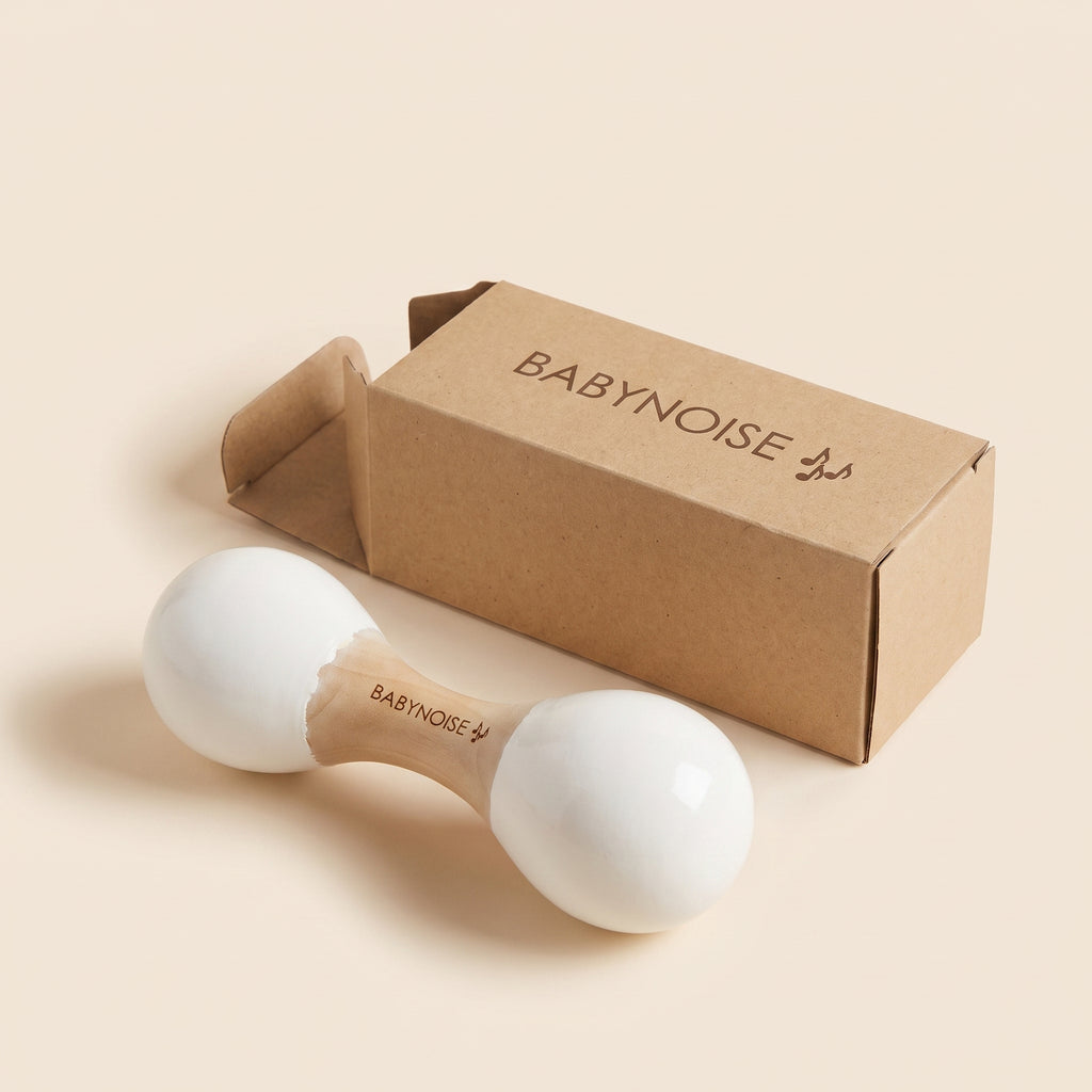 Babynoise Double Maraca in [pink/natural] — wooden baby instrument in window box
