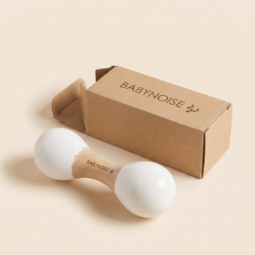 Babynoise Double Maraca in [pink/natural] — wooden baby instrument in window box