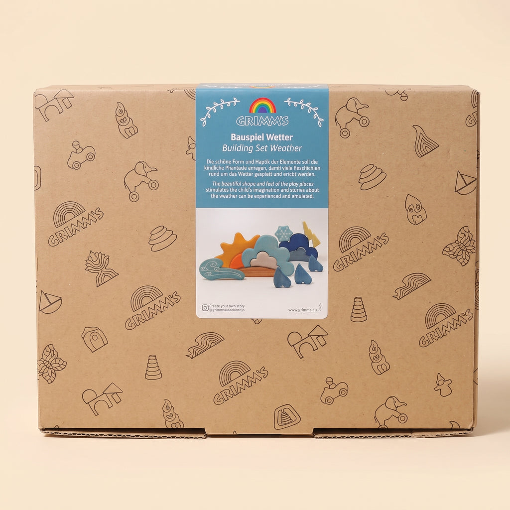 Grimm's Building Set Weather — wooden sun, clouds, raindrops and lightning, kraft box