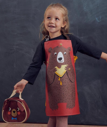 Threadbear Design red cotton children's apron with bear print, kraft band packaging