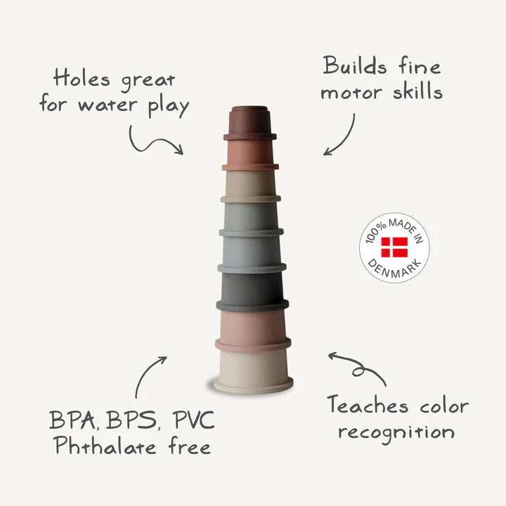 Mushie Stacking Tower pastel cups in white window box